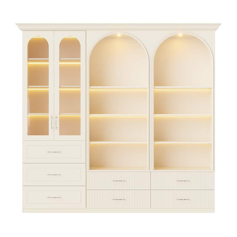 Modular Bookcase with LED Lights, Glass Door Storage Cabinet with Drawers, Large Display Shelving Unit Sideboard