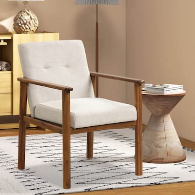Modern Accent Chair Upholstered Linen Fabric Armchair w/ Wood Legs
