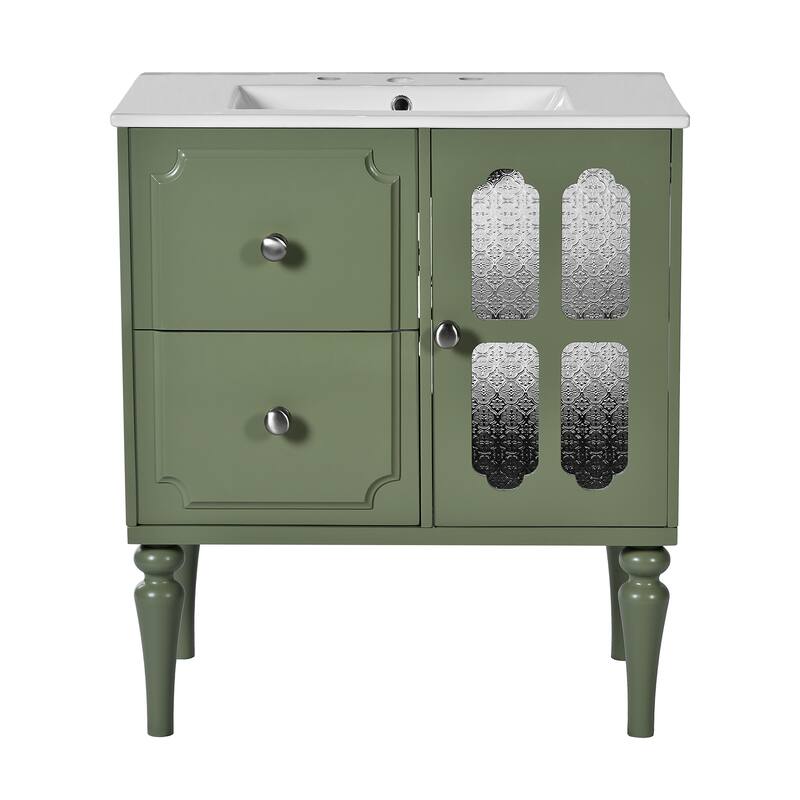 30 Inch Single Sink Freestanding Bathroom Vanity in Green with White Ceramic Top