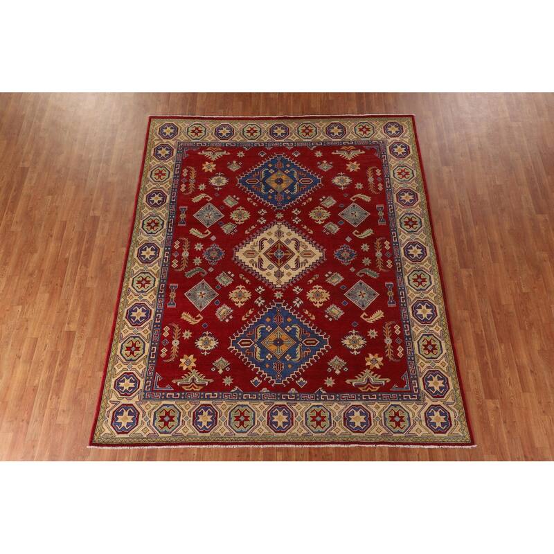 Red Geometric Kazak Rug Handmade Wool Carpet - 7'10"x 9'6"