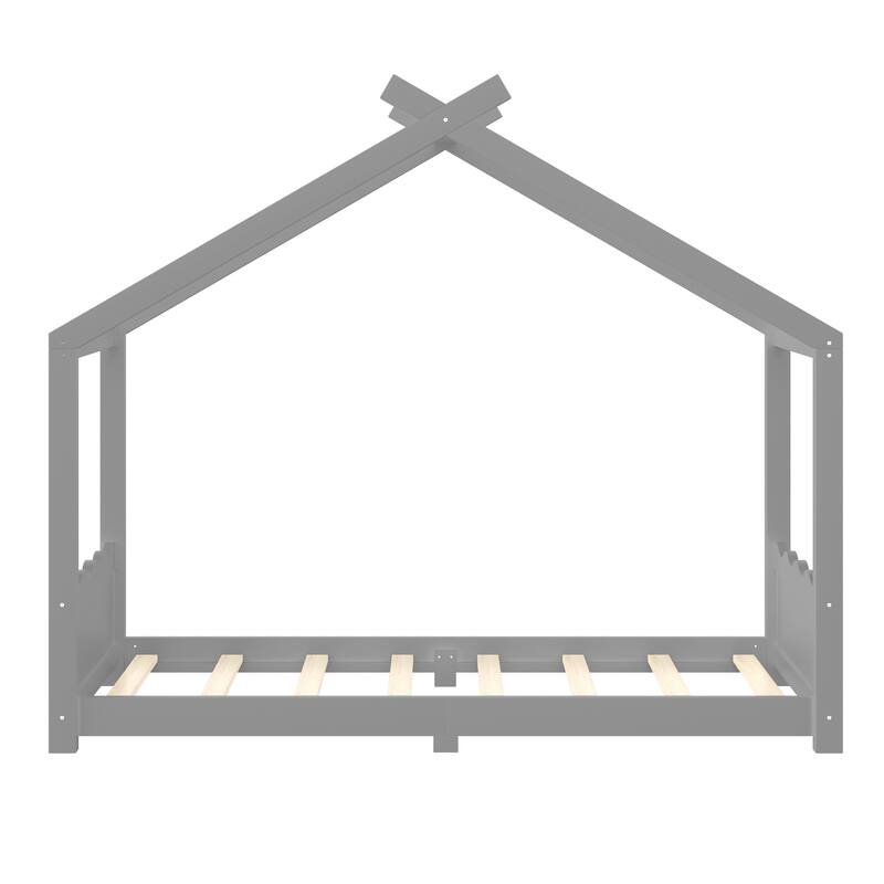 Twin House Floor Bed with Support Slats, Solid Wood House Bed Frame for Kids, No Box Spring Needed