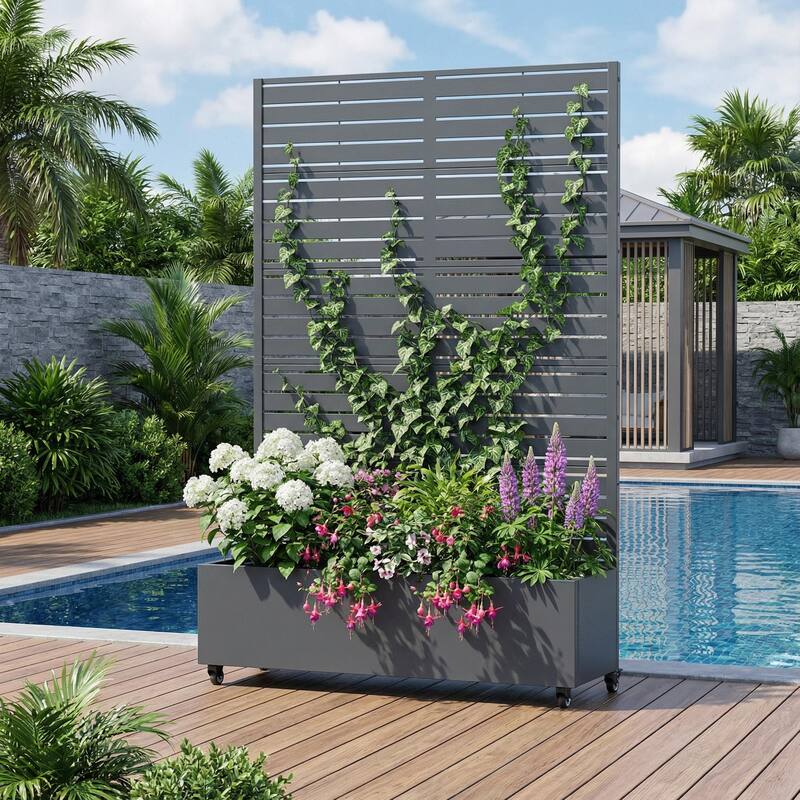 Raised Garden Bed Planter with Trellis Movable Planter Box with Lockable Wheels - 72*47 - Dark Grey