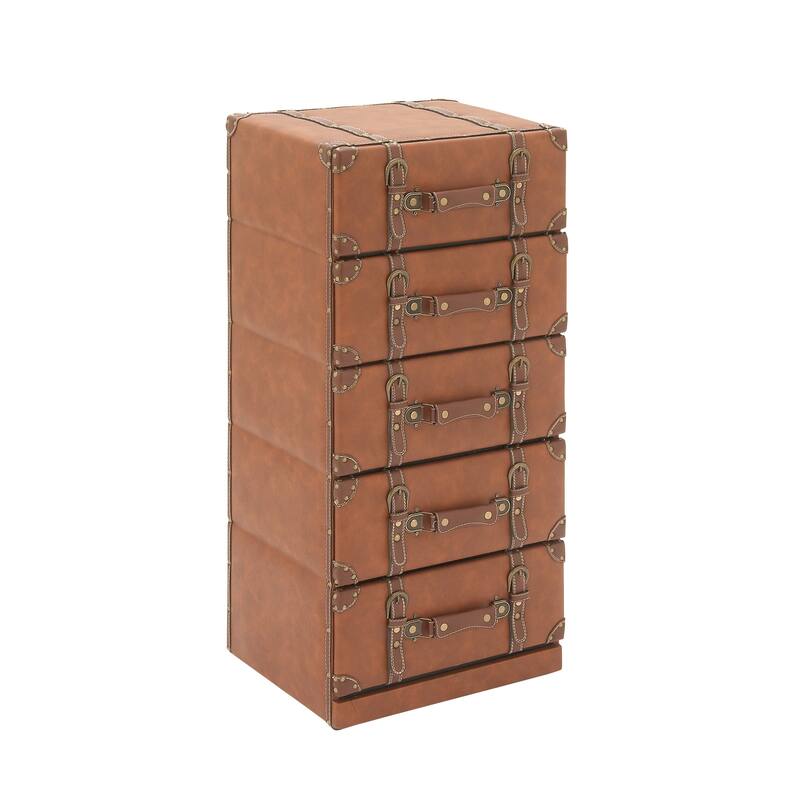 Wooden Faux Leather 5 or 6 Drawers Chest with Buckle and Strap Detailing - Brown - Roche River Decor