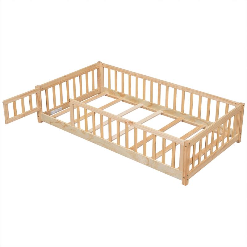 Floor Platform Bed with Fence Guardrails and Door