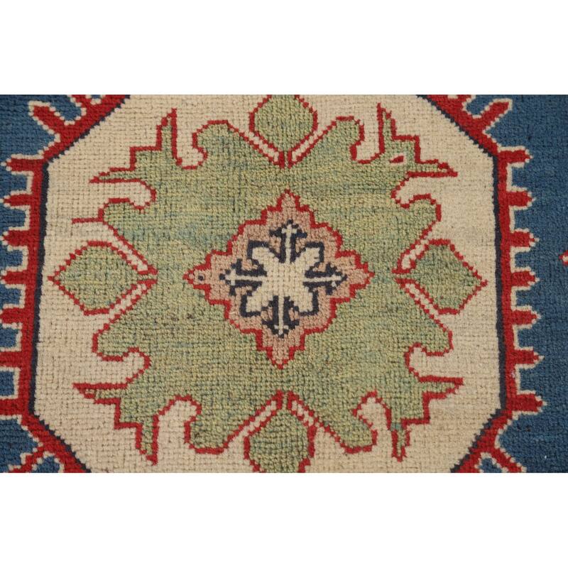 Blue Geometric Kazak Oriental Rug Handmade Traditional Wool Carpet - 6'8" x 10'1"