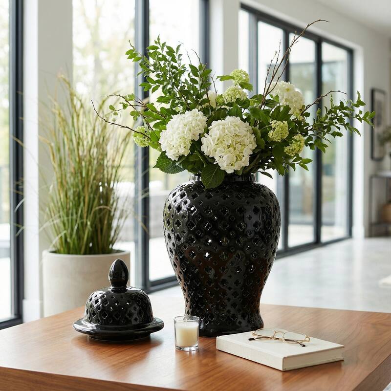 Modern Decorative Jar with Glossy Ceramic and Pierced Cutout Desig