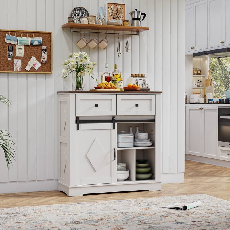 Coffee Bar Cabinet with Sliding Barn Door, Buffet Cabinet with Storage Shelves, Kitchen Sideboard with 2 Drawers