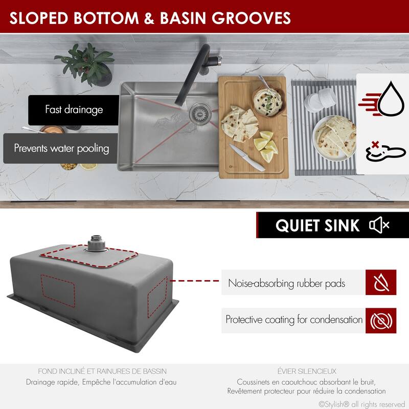 STYLISH Dual-Mount 31" Single-Bowl Stainless Steel Kitchen Sink with Strainer - 31" x 18" x 9"