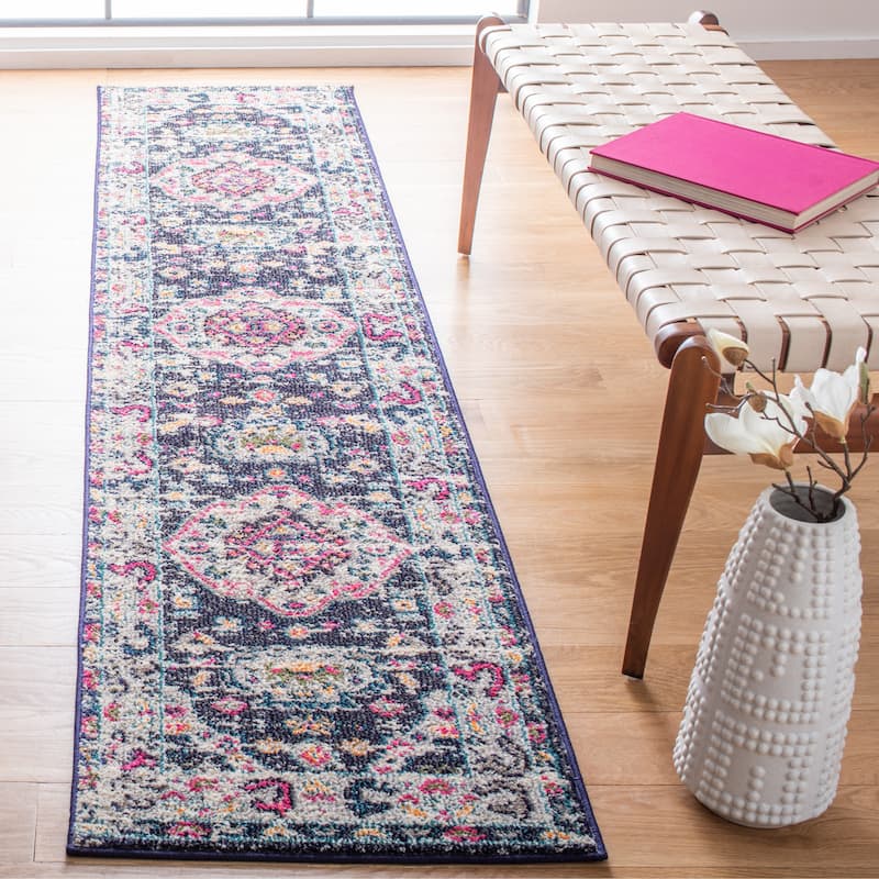 SAFAVIEH Madison Willodean Boho Oriental Distressed Rug - 2' x 8' Runner - Navy/Ivory