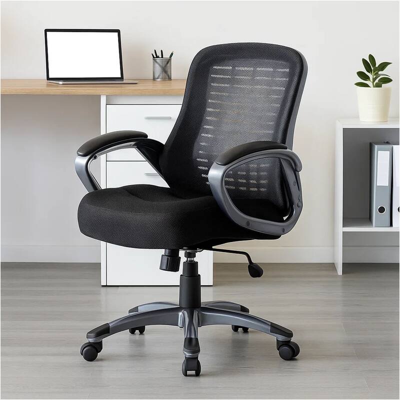 Rolling High Back Office Chair, Black Mesh and Vinyl, Lumbar Support