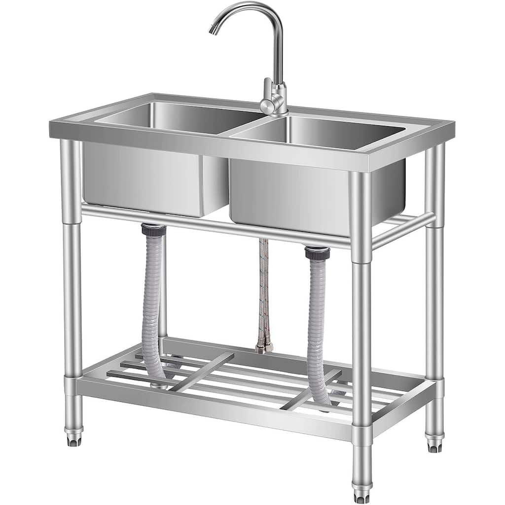 33"x18"x30" Freestanding Double Bowl Utility Sink with Faucet
