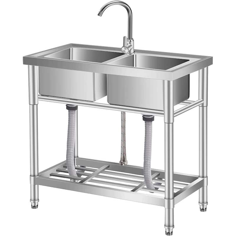 33"x18"x30" Freestanding Double Bowl Utility Sink with Faucet - Silver