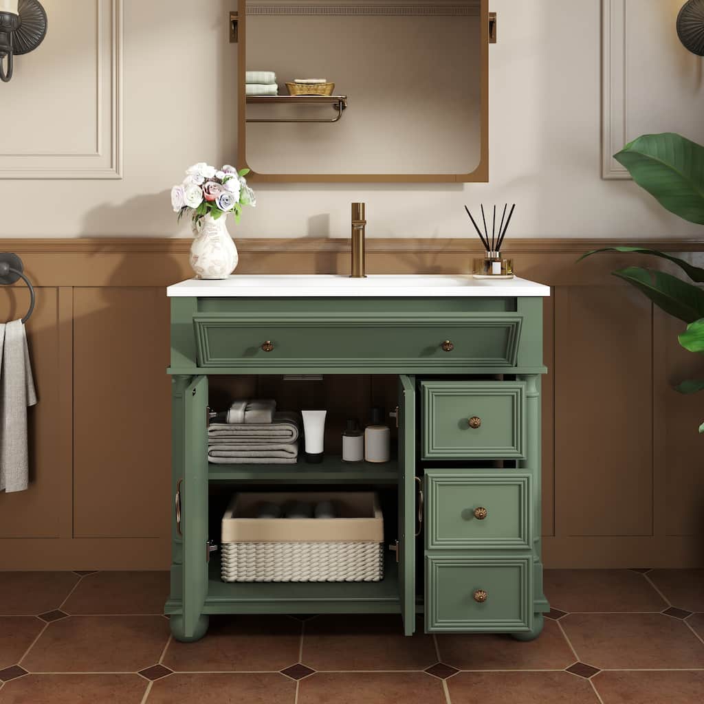 28"/36" Bathroom Vanity with Sink, Integrated Ceramic Basin Vanity Cabinet with Roman Column Base, Solid Wood Frame