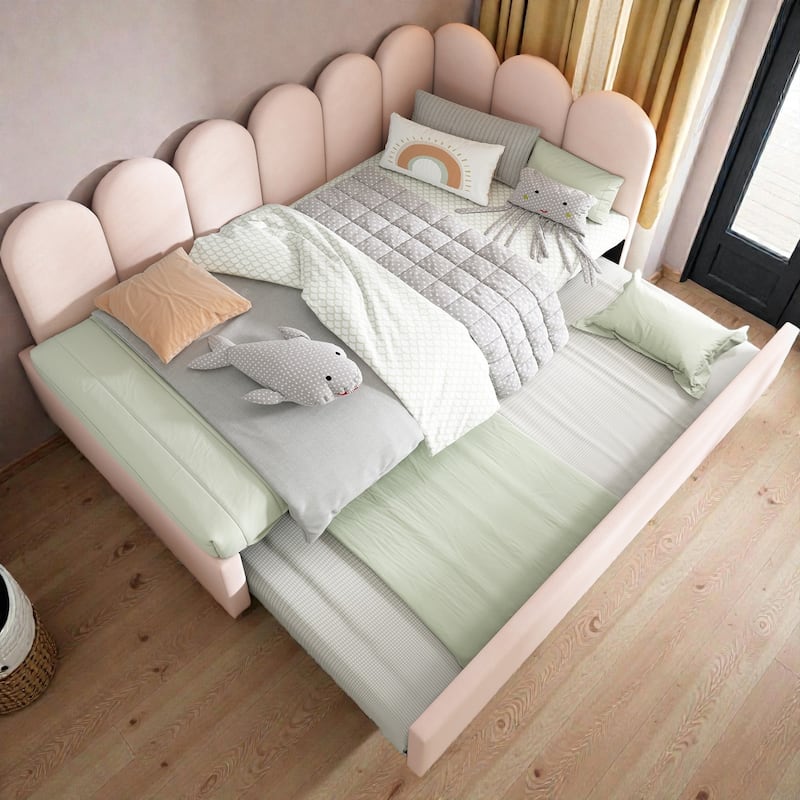 Twin Upholstered Daybed with Pull-Out Trundle, Velvet Sofa Bed for Small Spaces, Guest Bed with Metal Slatted Frame - Pink - Twin