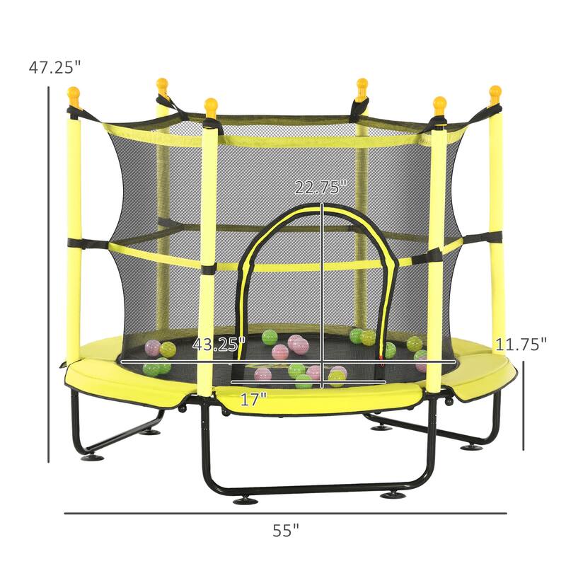 Qaba 4.6' Trampoline for Kids, 55 Inch Toddler Trampoline with Safety Enclosure & Ball Pit for Indoor or Outdoor Use