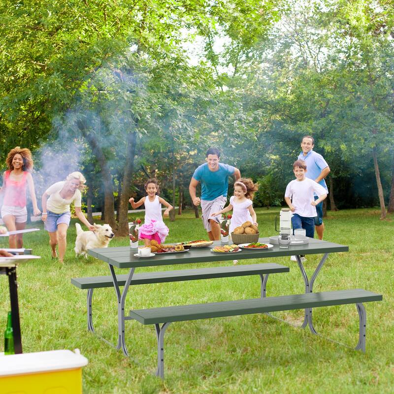 72 Inch 8-Person Outdoor Picnic Table and Bench Set with HDPE Wood-Texture Top and with Built-in Umbrella Hole