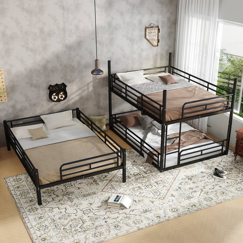 Full over Full over Full Bunk Bed, Metal Triple Bunk Bed with Safety Guardrails, Heavy-duty Bunk Bed with Noise-reduced Design