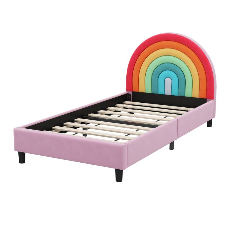 Rainbow Design Cute Style Upholstered Twin Size Platform Bed