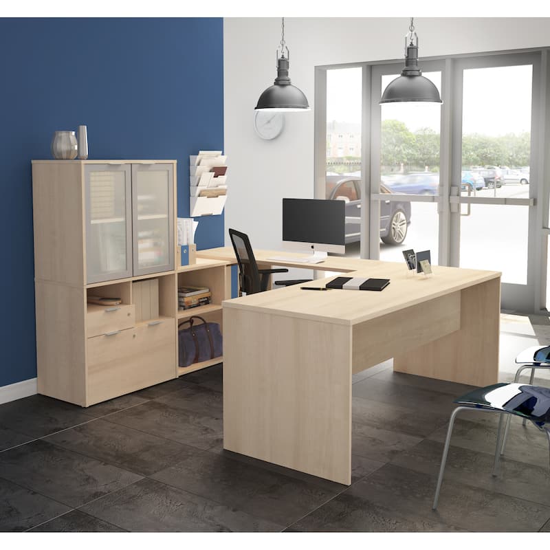 Bestar i3 Plus U-Desk with Frosted Glass Door Hutch