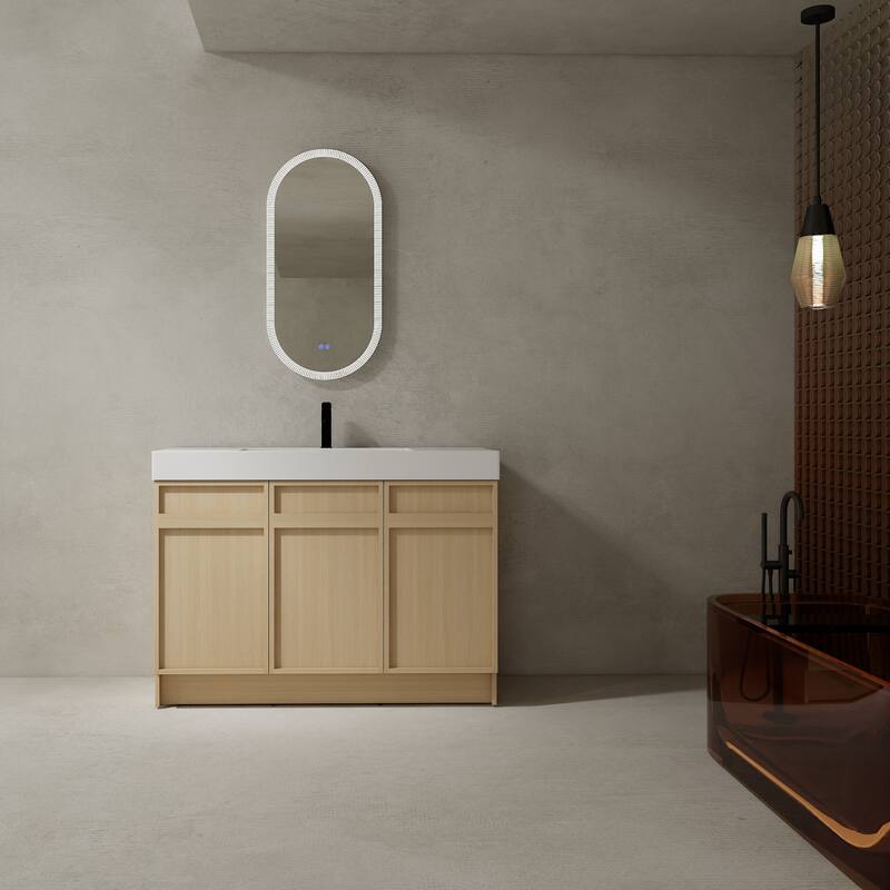 Double Sink Bathroom Vanity with Resin Basin, Soft-Closing Doors, Adjustable Shelves, Scratch - 47.3in L Plywood - Oak