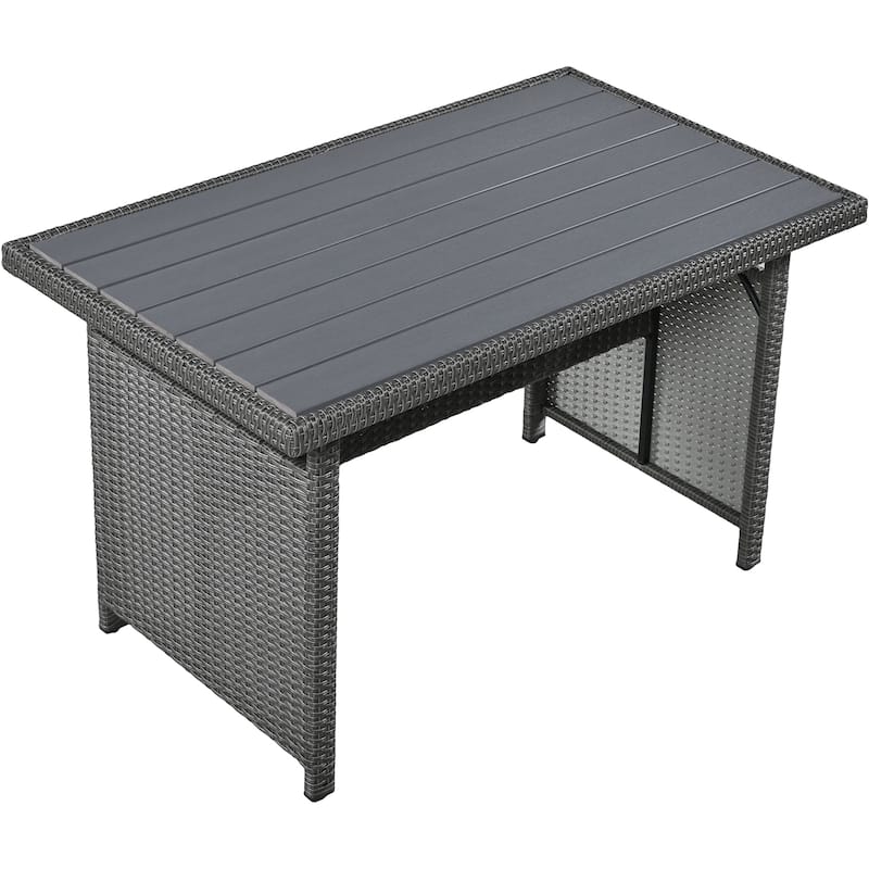Roomfitters 5-Piece Outdoor PE Wicker Patio Sofa Set with 2 Extendable Side Tables, Dining Table