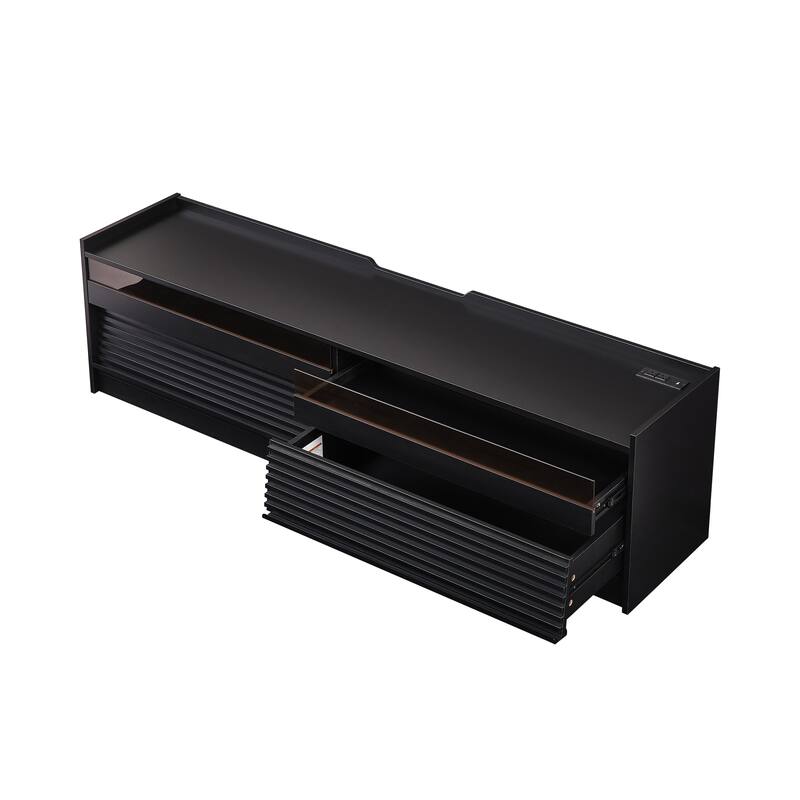 68.9" TV Stand with Glass Front Drawers and LED Charging Station
