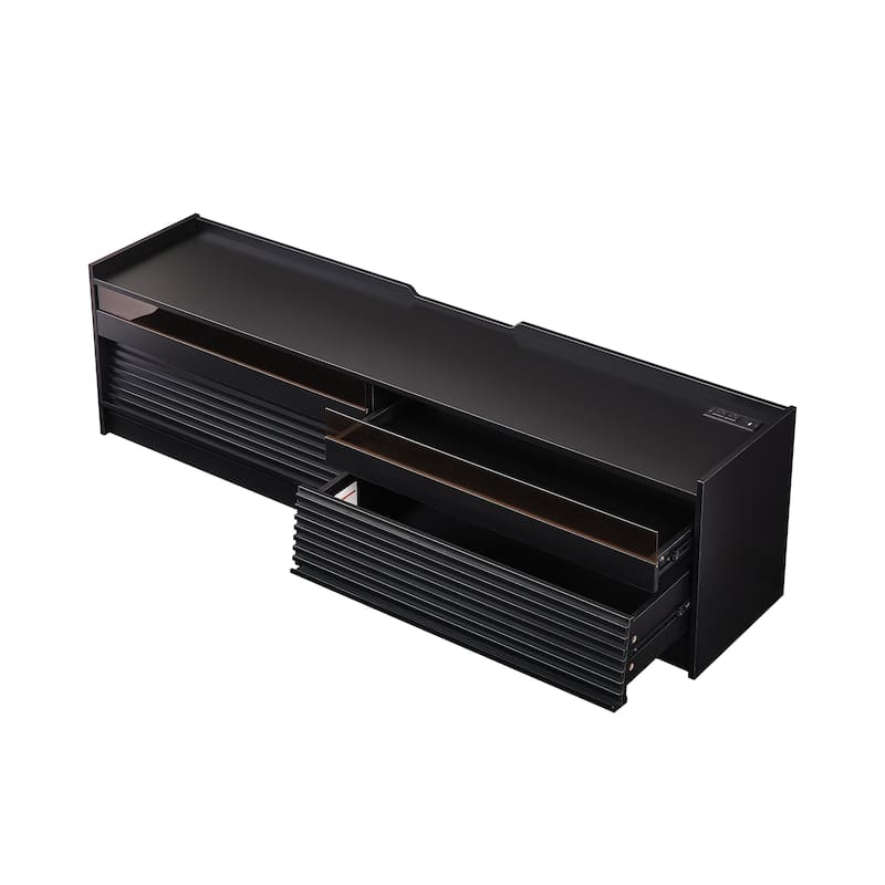 Roomfitters Modern TV Stand with 4 Drawers, Tempered Glass, Charging Ports and Ambient Lighting, Ample Storage