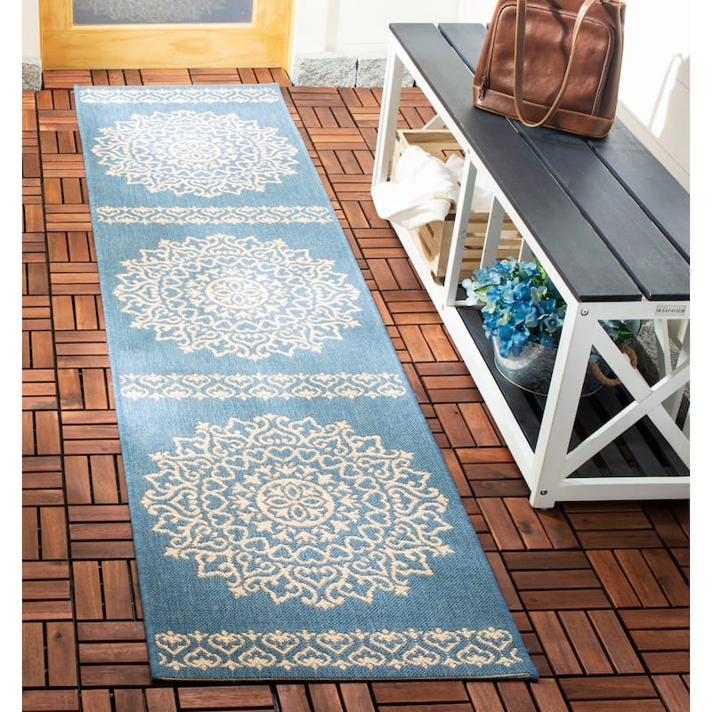 SAFAVIEH Beach House Angelien Indoor/ Outdoor Waterproof Patio Backyard Rug - 2'2" x 12' Runner - Cream/Blue