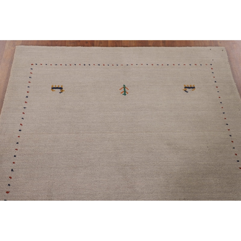 Beige Tribal Gabbeh Area Rug Handmade Oriental Wool Carpet - 4'0"x 5'10"