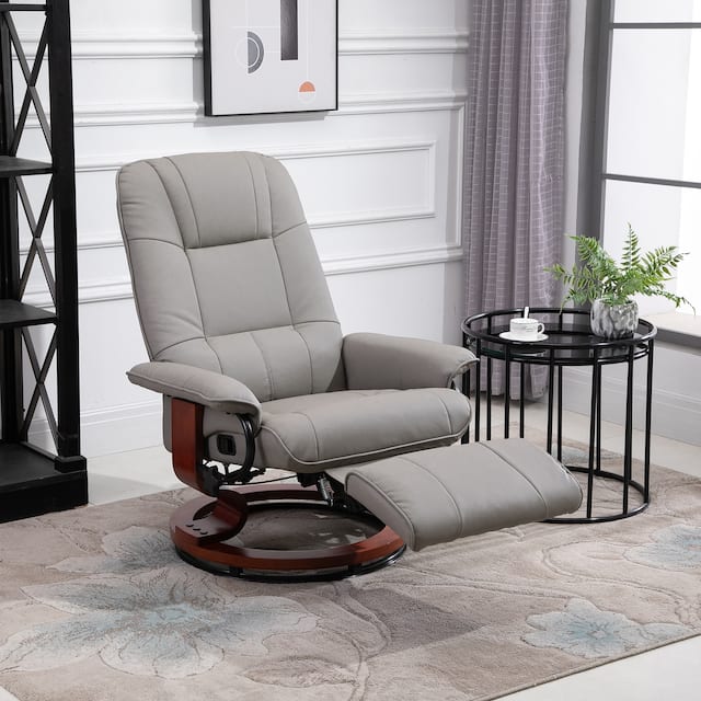 HomCom Faux Leather Adjustable Manual Swivel Base Recliner Chair with Comfortable and Relaxing Footrest - Grey