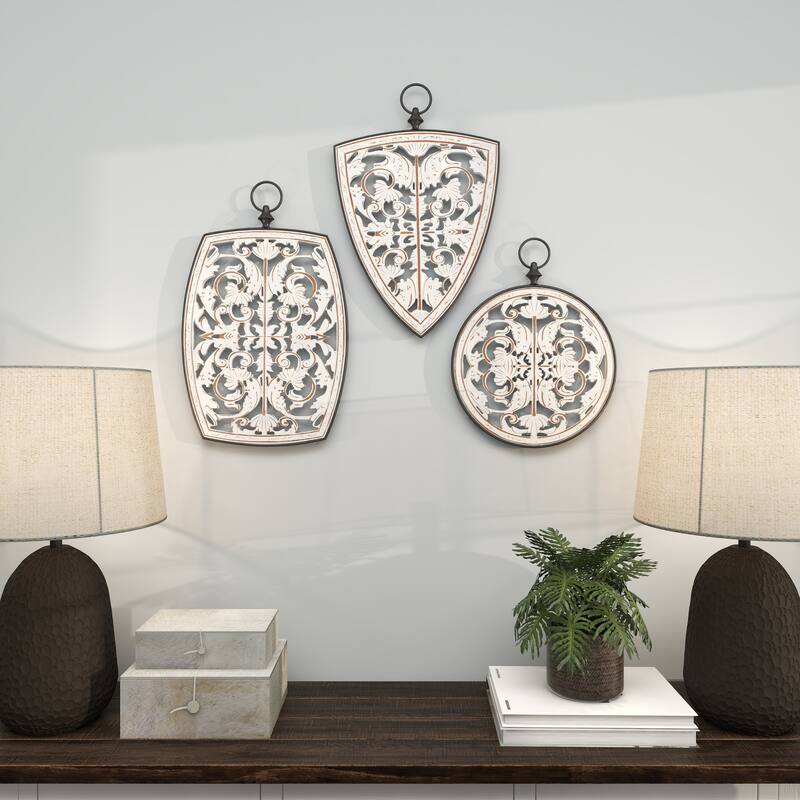 White Wooden Carved Design Floral Home Wall Decor with Ring Hanger (Set of 3)