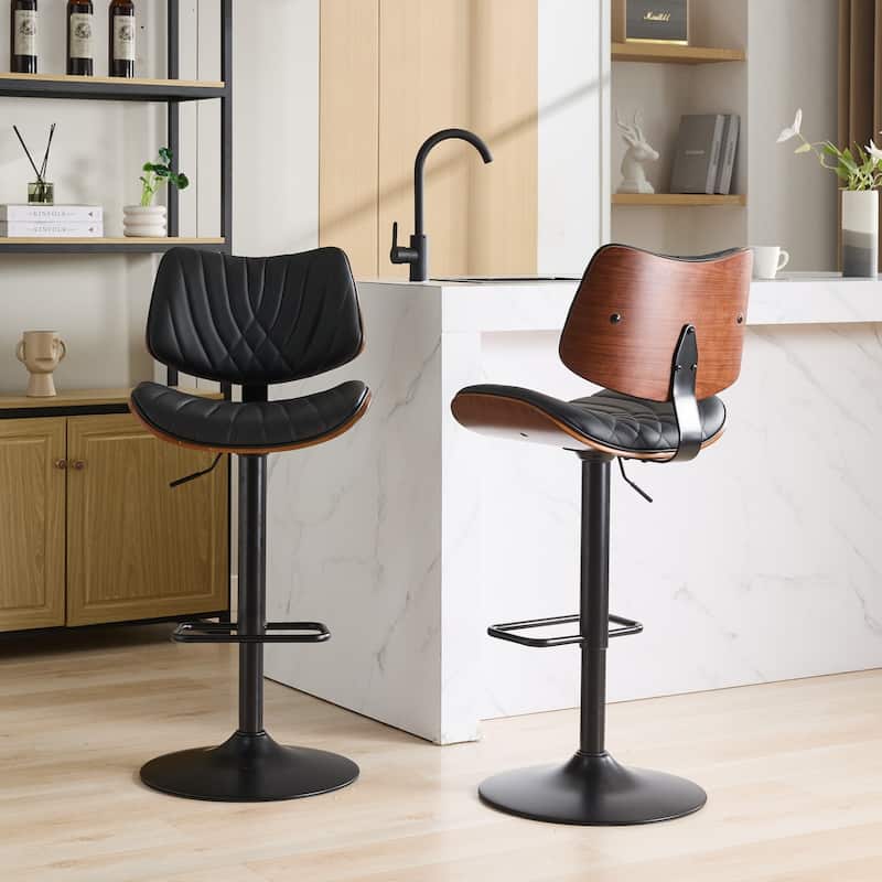 Ergonomic Barstools Adjusatble Swivel Bar Chairs Set of 2 with Walnut Bentwood Frame, Faux Leather Seat and Backrest