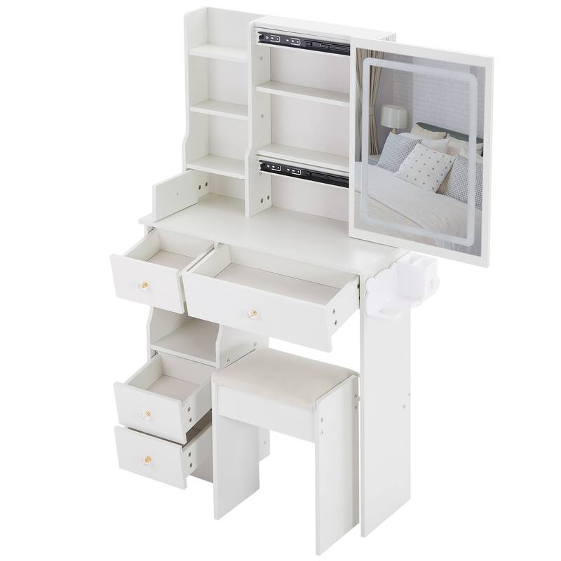 29.2"Small Size Left Drawer Desktop Vanity Table+Cushioned Stool,Hair dryer bracket,Extra Large Touch Control Sliding LED Mirror