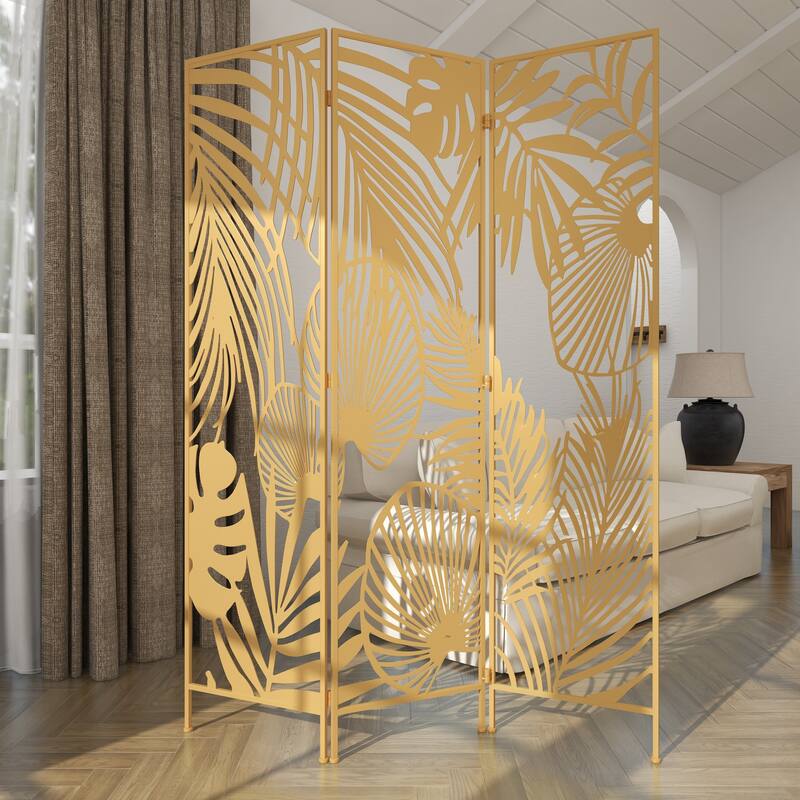 Gold Metal Foldable Partition Cutout Palm Leaf 3 Panel Leaf Partition Room Divider Screen