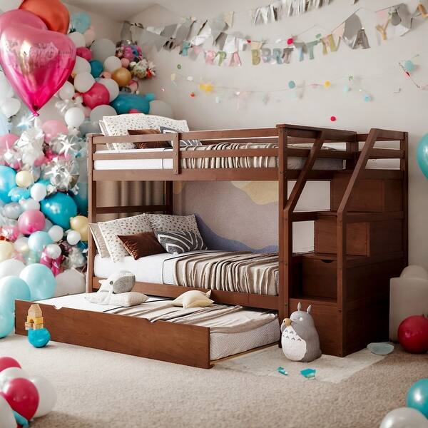 slide 2 of 51, Modren Multifunctional Twin Over Twin Bunk Bed With Twin Size Trundle and 3 Storage Stairs For Bedroom,Dorm,Adults,Kids Walnut