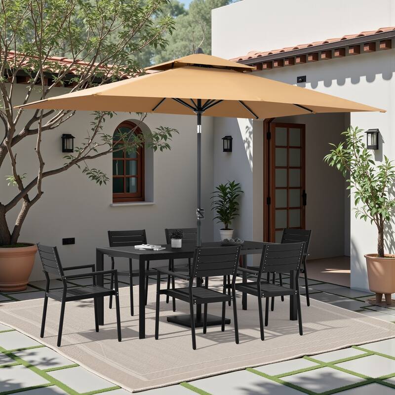 9/11-Piece Outdoor Patio Dining Set Aluminum Dining Table and Stackable Chairs w/10 ft Market Umbrella and Base