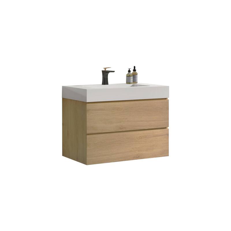 GDFStudio - Naomi Modern Floating Bathroom Vanity with Soft-Close Drawers and Pre-Assembled One-Piece Sink Basin