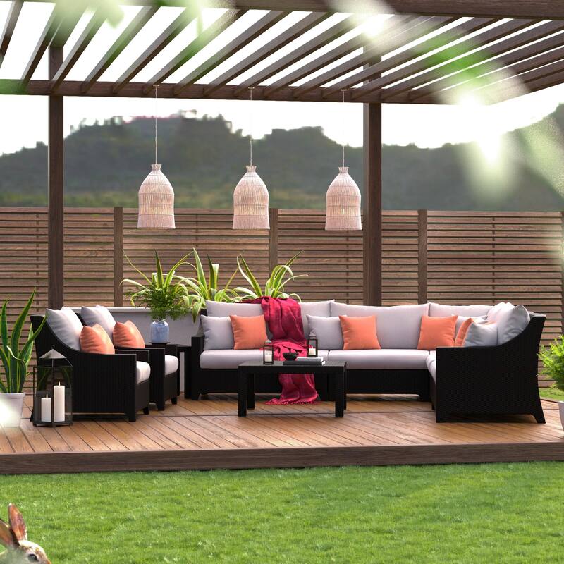 Deco 9 Piece Sunbrella Outdoor Patio Sectional & Club Set