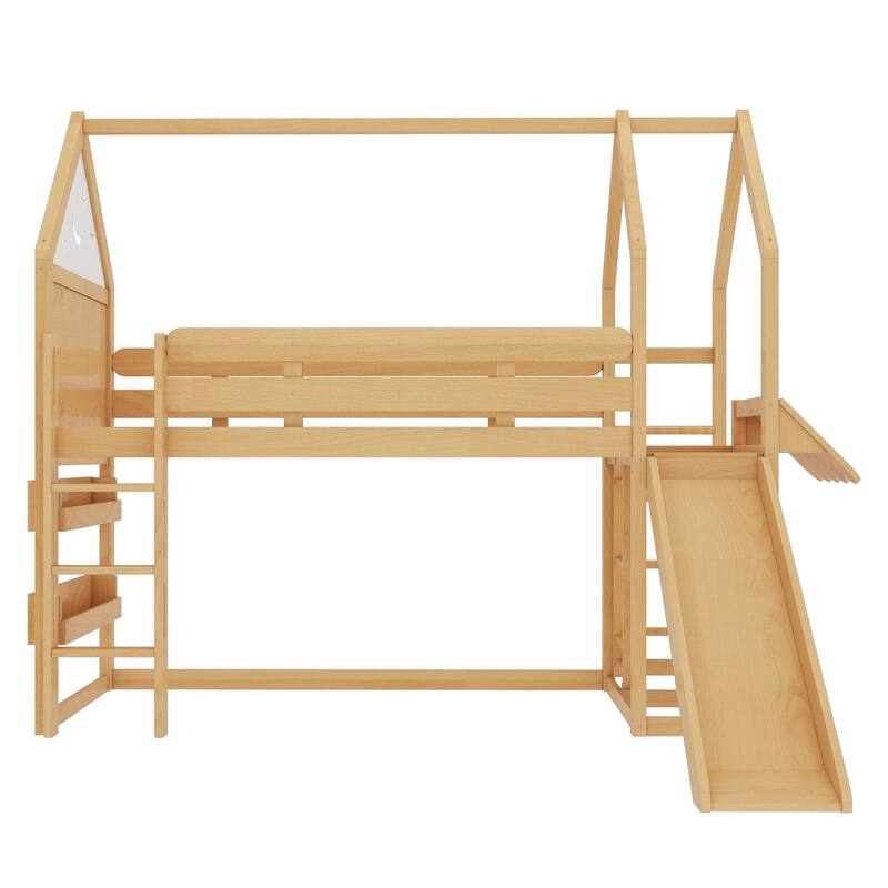 Twin Loft Bed with Slide, Bookshelf & House-Shaped Design for Kids