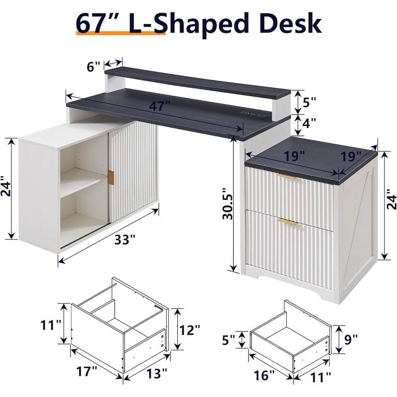 67" Modern L Shaped Desk, Wood Home Office Desk with Charging Station