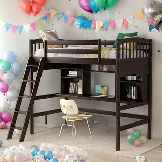 Twin size Loft Bed With Storage Shelves,Desk And Ladder for Home