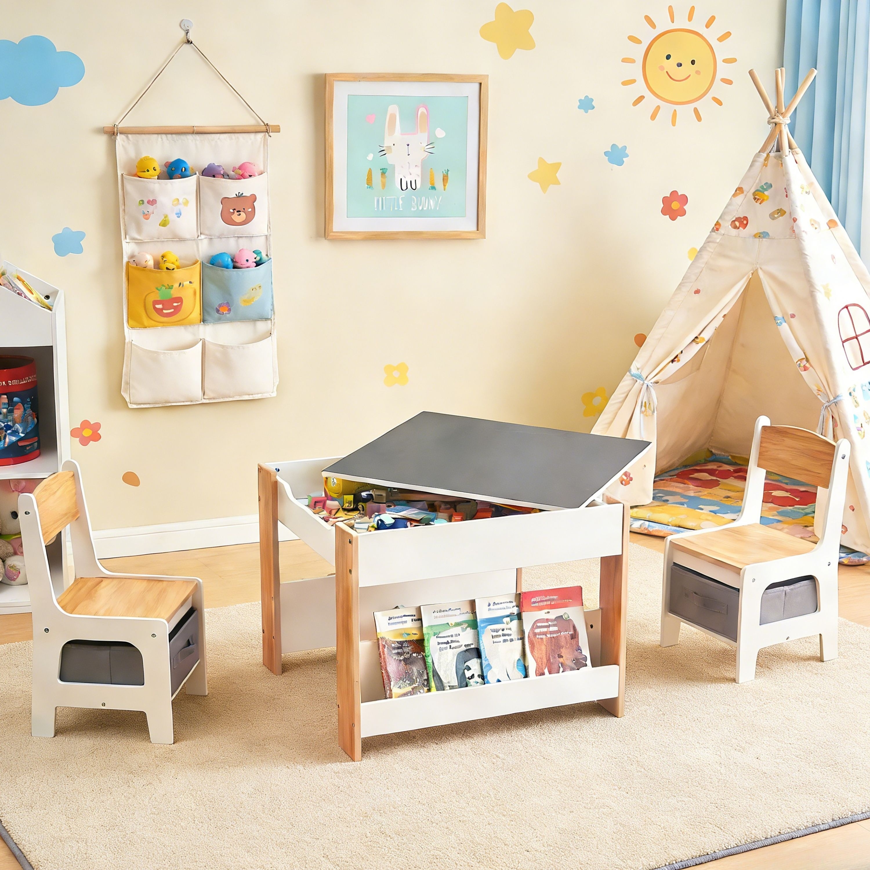 Kids Art Play Activity Table with Storage Shelf and Chair Set with Storage Baskets, White & Gray