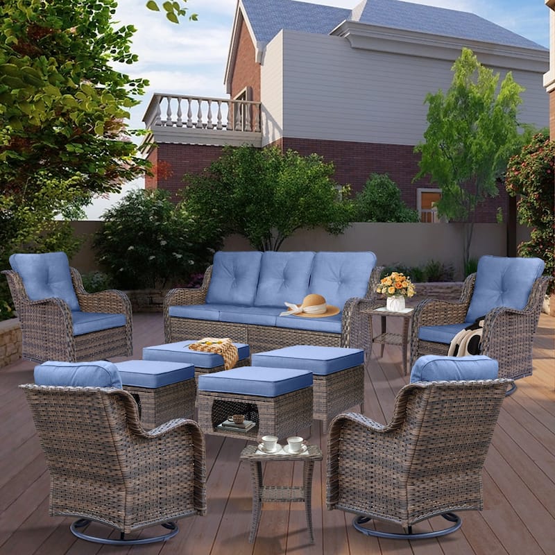 Wicker Outdoor Patio Furniture Seating Set with Swivel Rocker Chairs - 11 Piece - Denim Blue