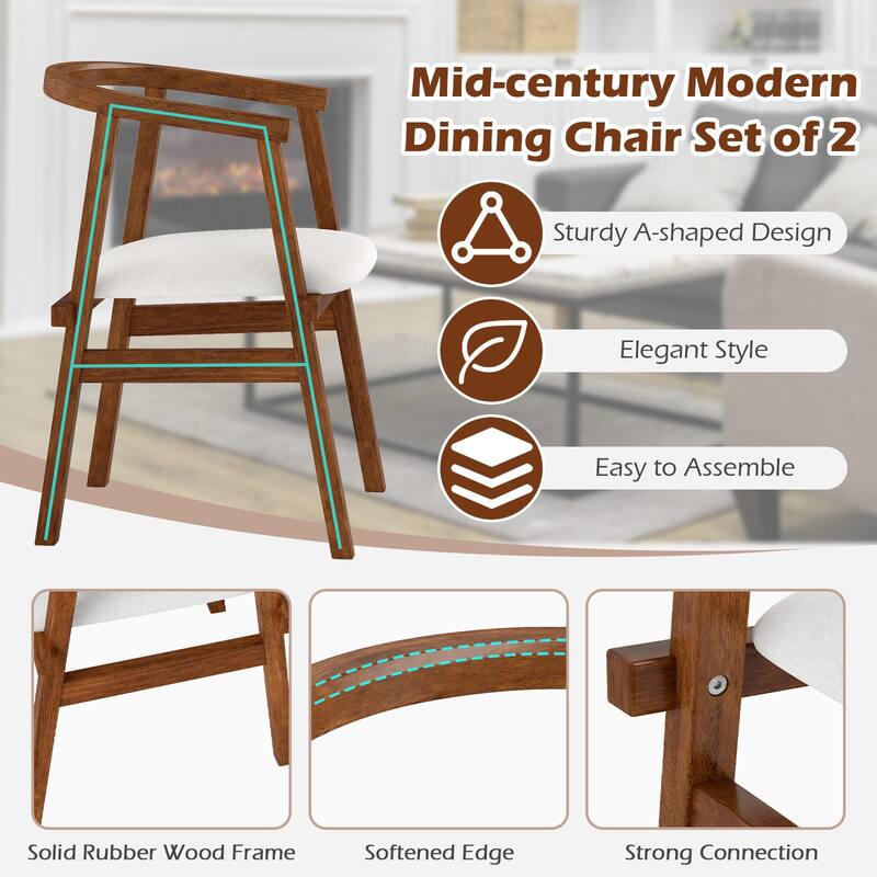 Walnut Rubber Wood Beige Fabric Dining Chairs Set of 2 with Support - 23" L × 21.5" W × 29.5" H