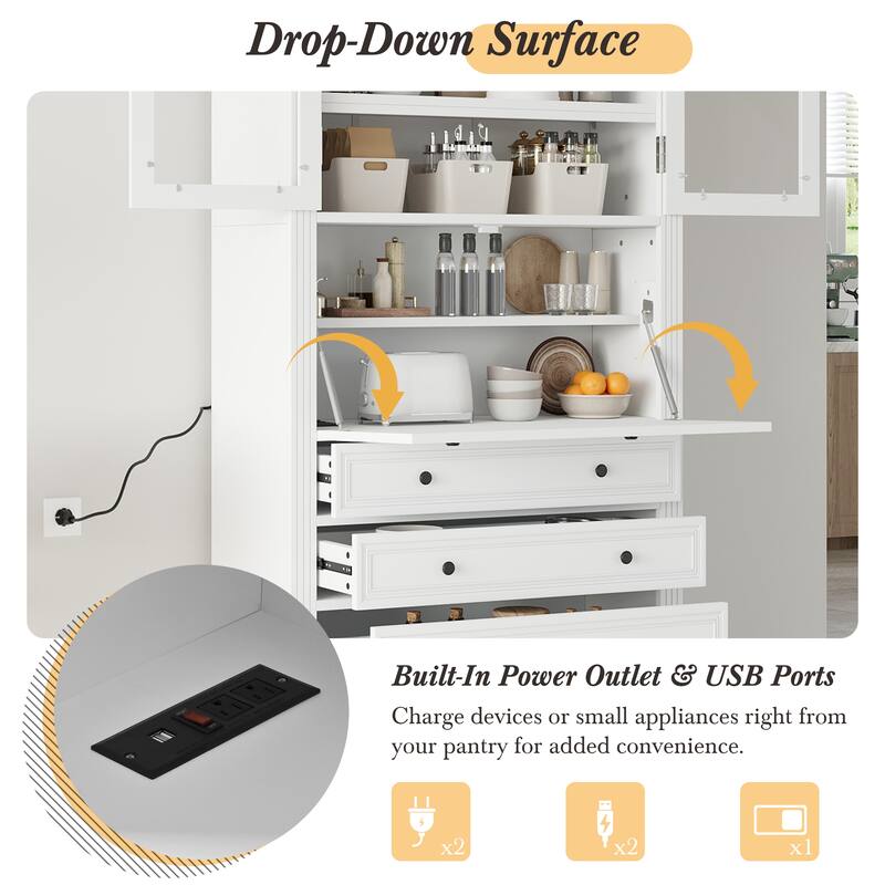 78" Freestanding Kitchen Pantry Cabinet with 3 Drawers, Glass Doors, Adjustable Shelves and Built-In Power Outlet