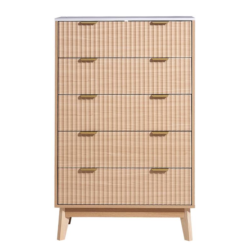 Light Wood MDF Drawer Dresser with Drawers, Wavy Design and Metal Handles - 5-drawer
