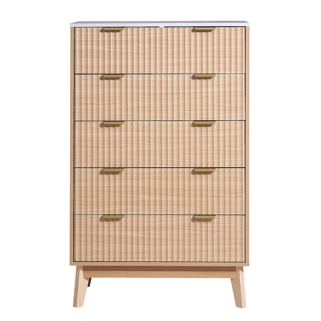 Light Wood MDF Drawer Dresser with Drawers, Wavy Design and Metal Handles