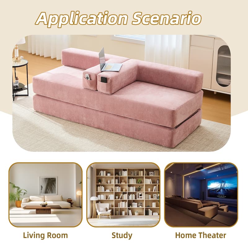 Queen Foldable Sofa Bed, 6-in-1 Convertible Sleeper Sofa with Mattress, Chaise Lounge Loveseat with Removable Cover