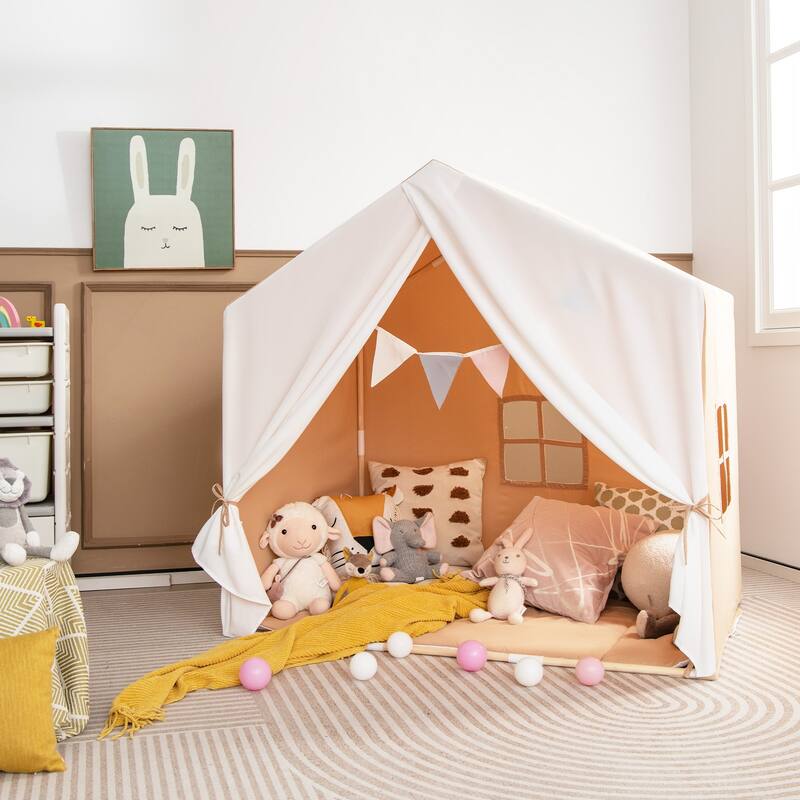 Kid's Play Tent with Washable Cotton Mat and Flag Banner - 52" x 36" x 51.5" (L x W x H)