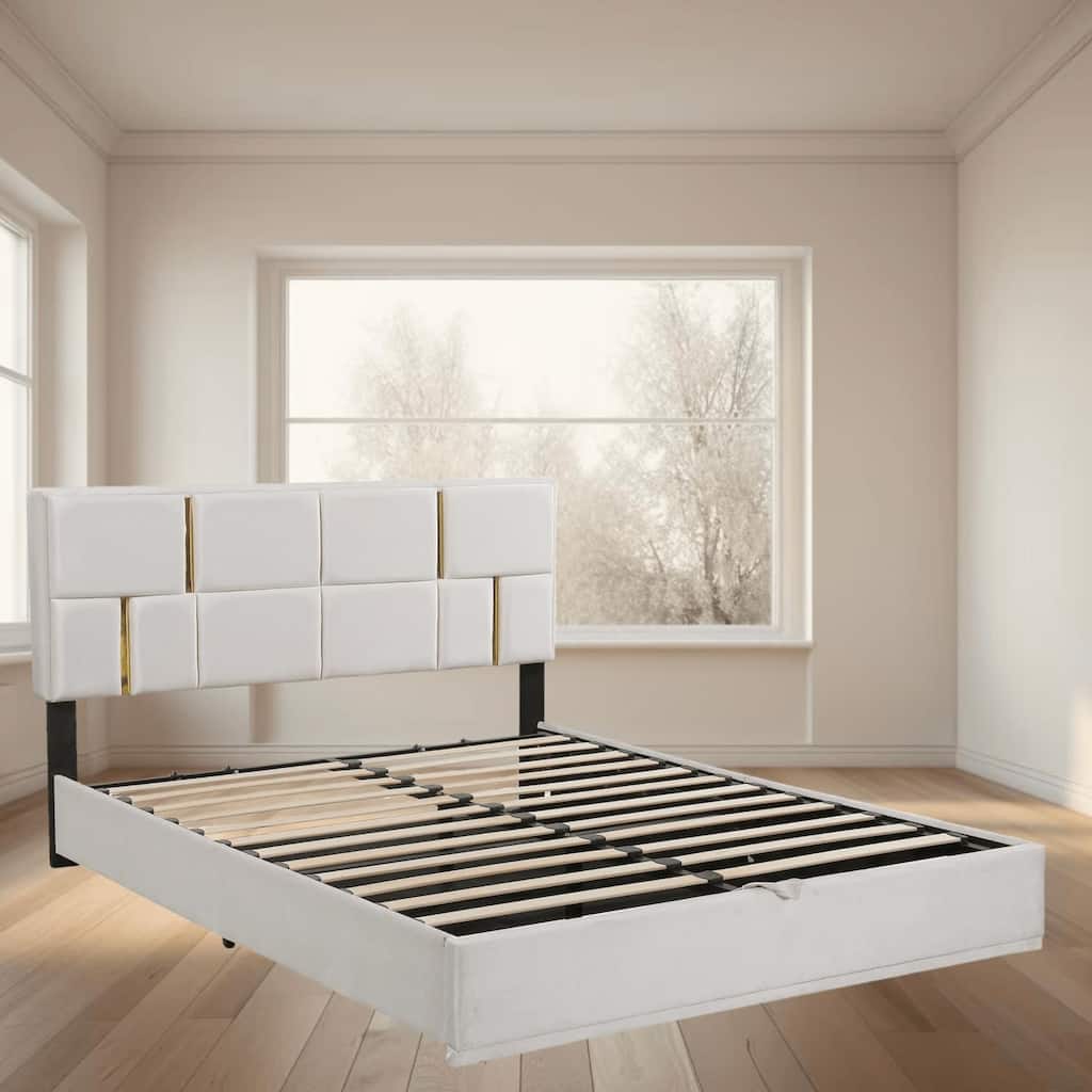 Queen Size Upholstered Platform Bed with Hydraulic Storage, No Box Spring Needed, Gold Decor Headboard, Sturdy MDF Frame